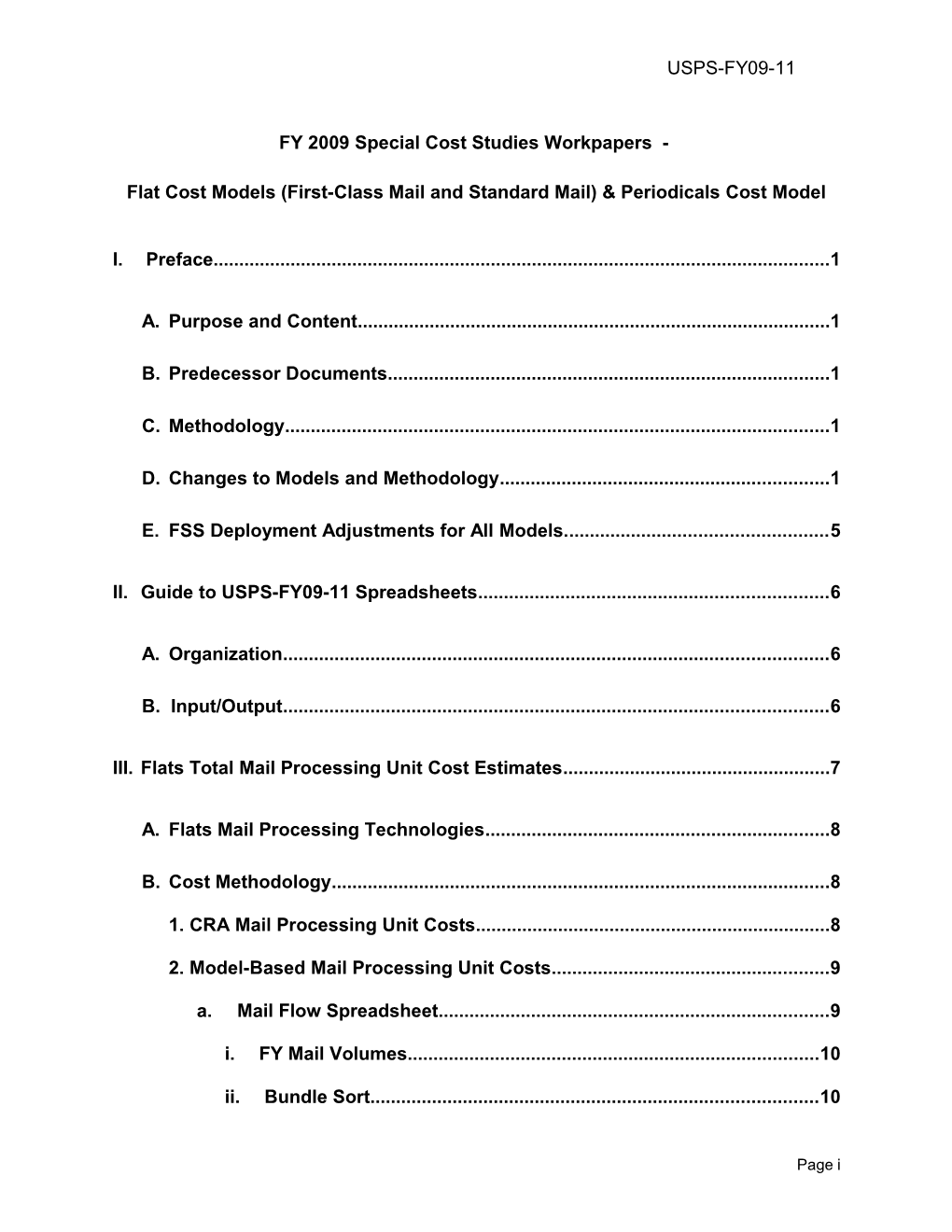 FY 2009 Special Cost Studies Workpapers