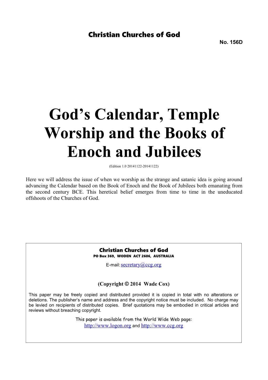 God S Calendar, Temple Worship and the Books of Enoch and Jubilees (No. 156D)