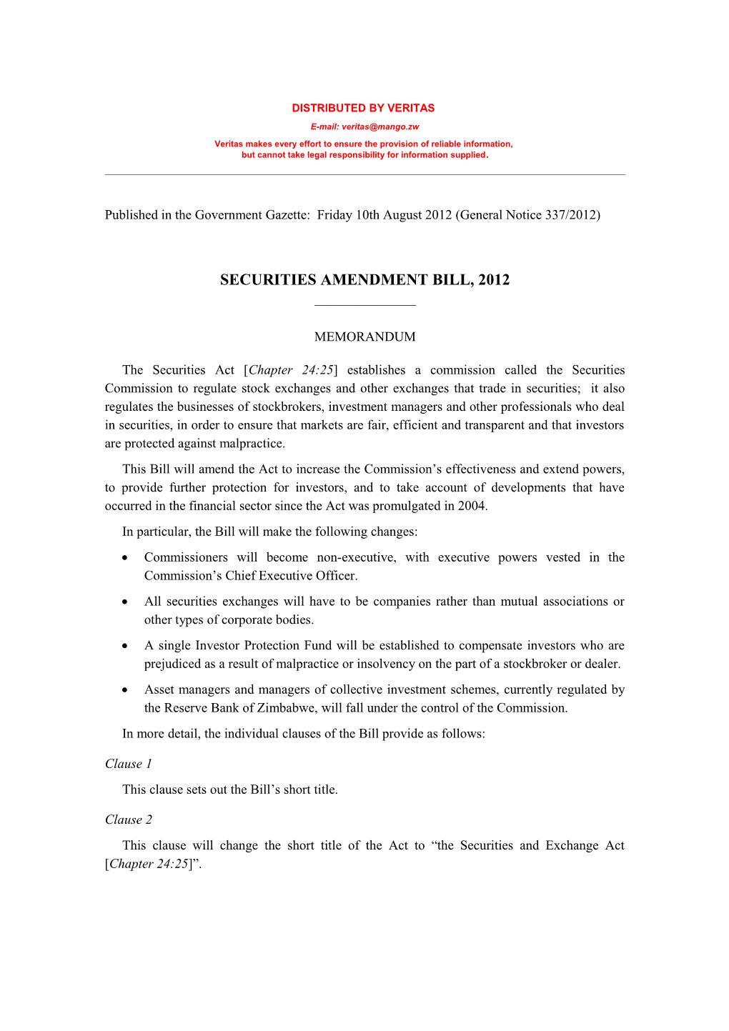 Securities Amendment Bill HB 1, 2012