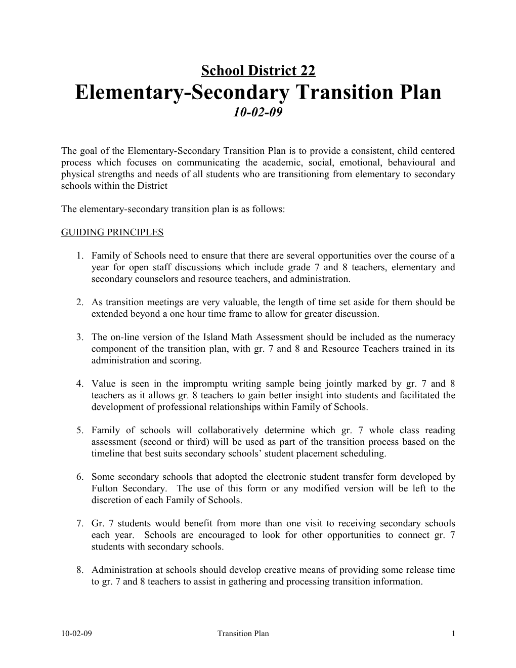 Elementary-Secondary Transition Plan