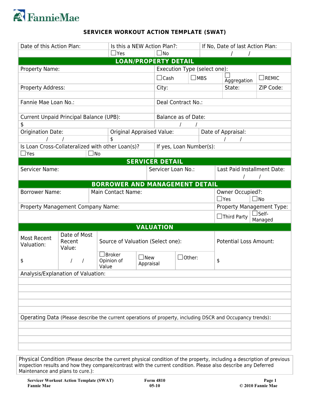 Multifamily Form 4810 Servicer Workout Action Template