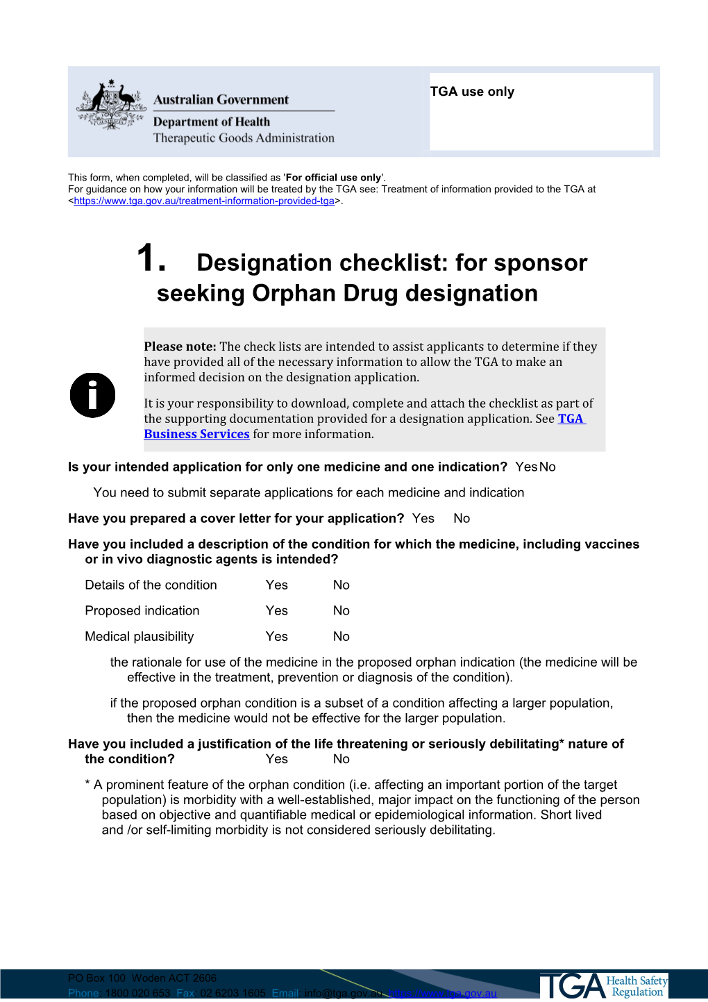 Designation Checklist: for Sponsor Seeking Orphan Drug Designation