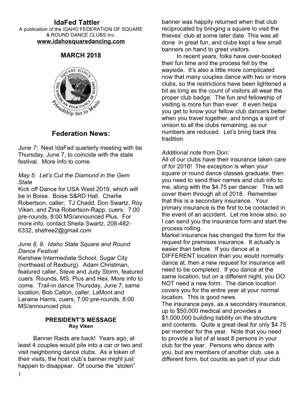 A Publication of the IDAHO FEDERATION of SQUARE & ROUND DANCE CLUBS Inc