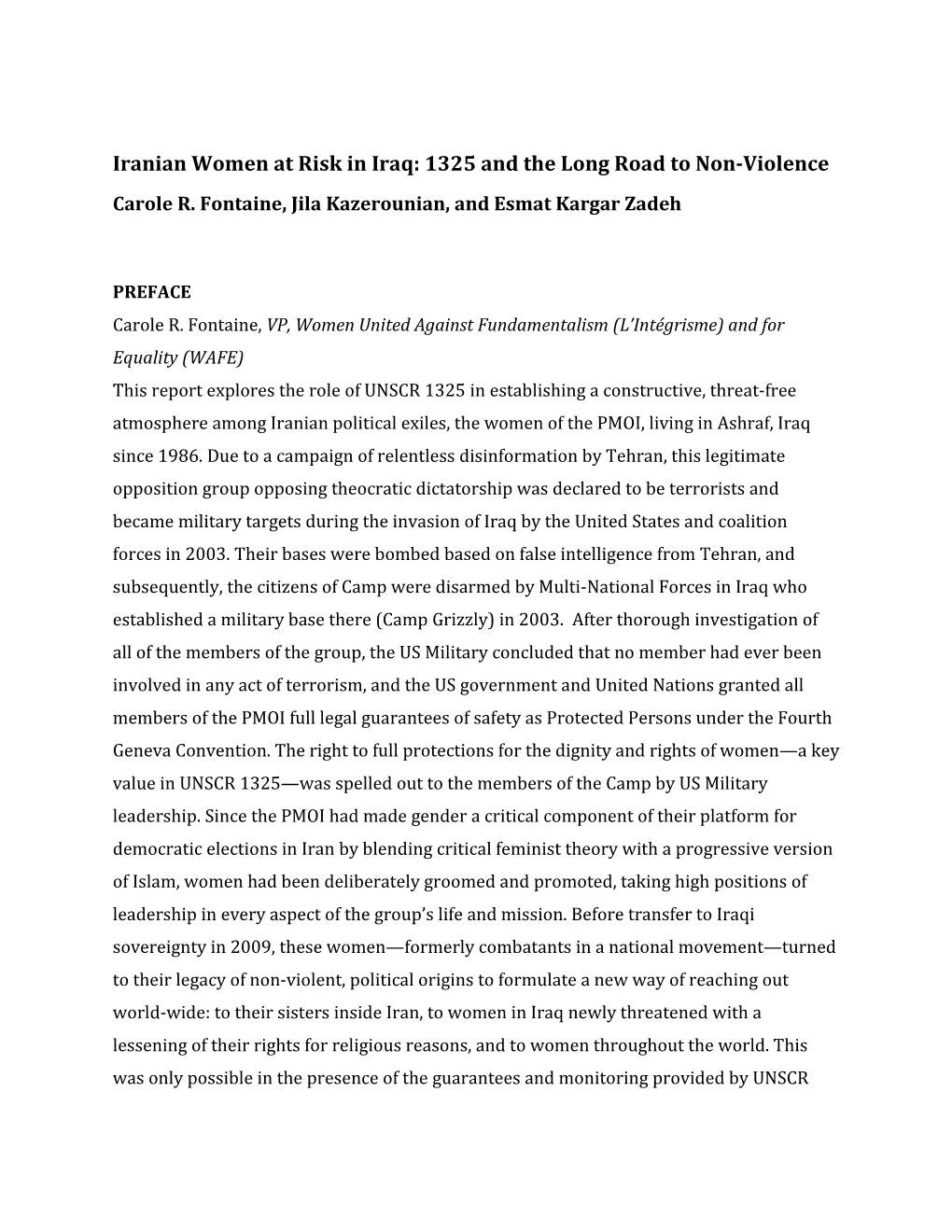 Iranian Women at Risk in Iraq: 1325 and the Long Road to Non-Violence