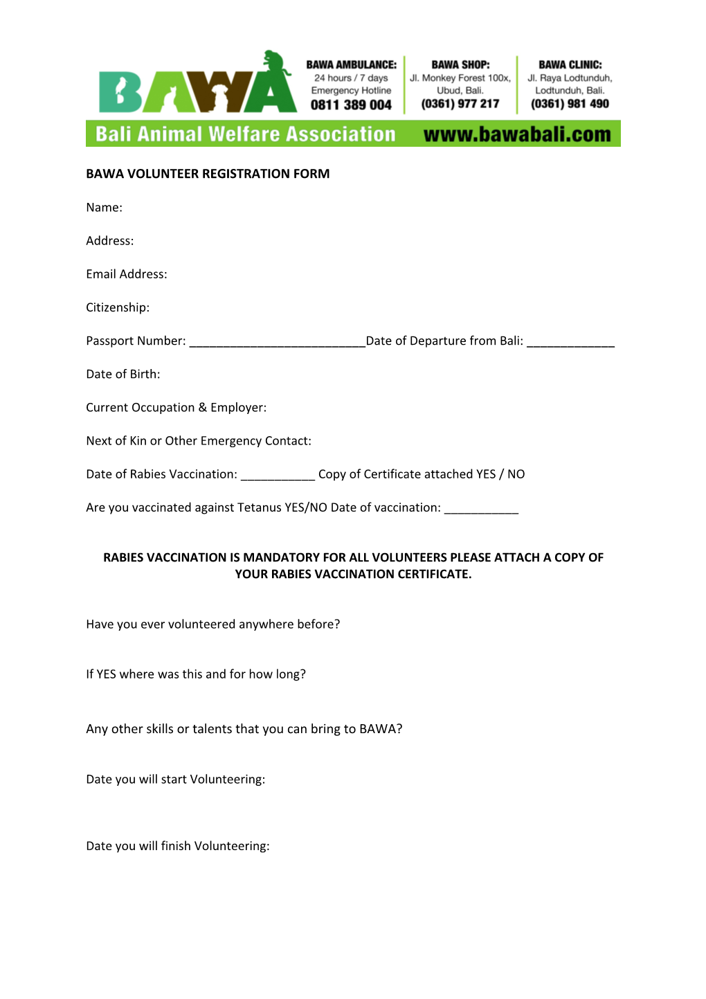 Bawa Volunteer Registration Form