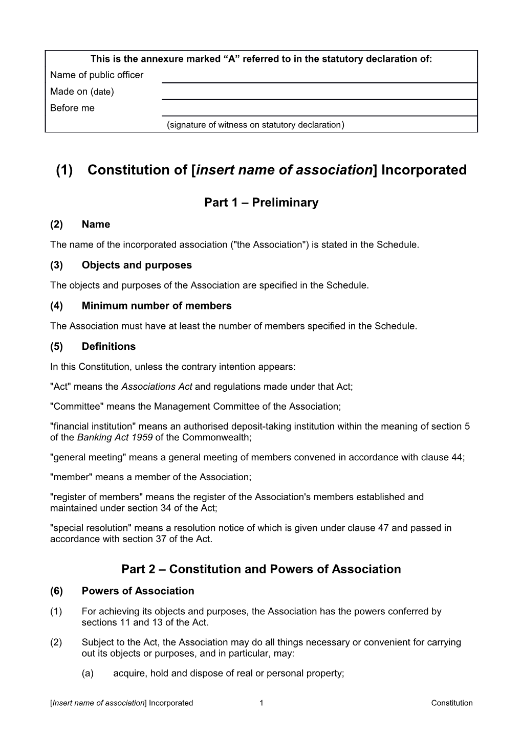 Incorporated Association - Model Constitution Template