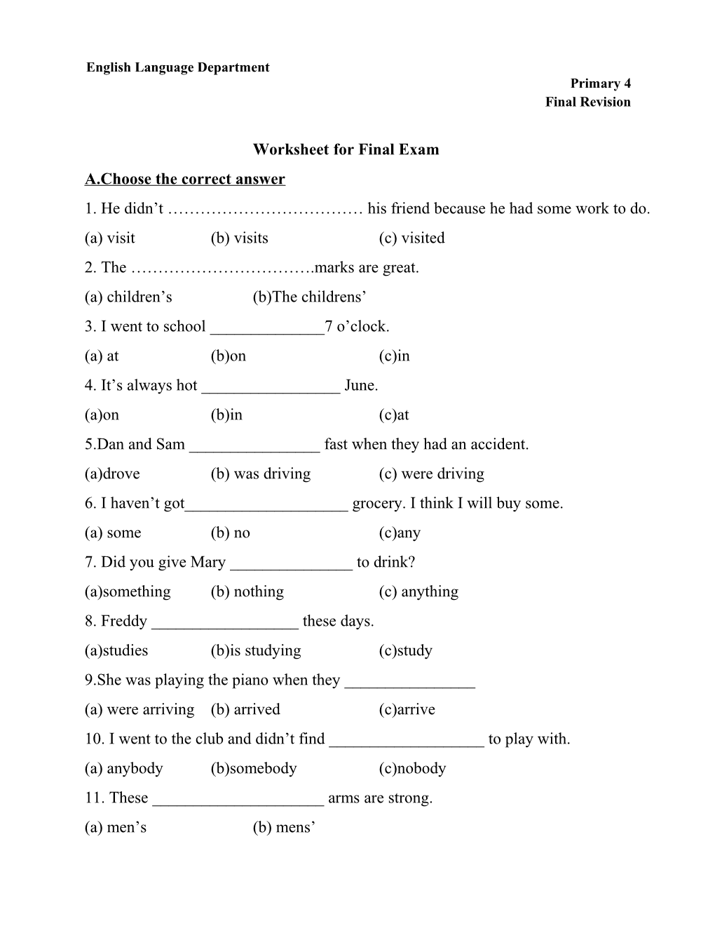 Worksheet for Final Exam