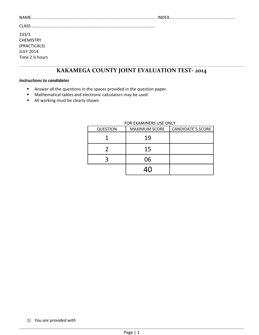Kakamega County Joint Evaluation Test- 2014
