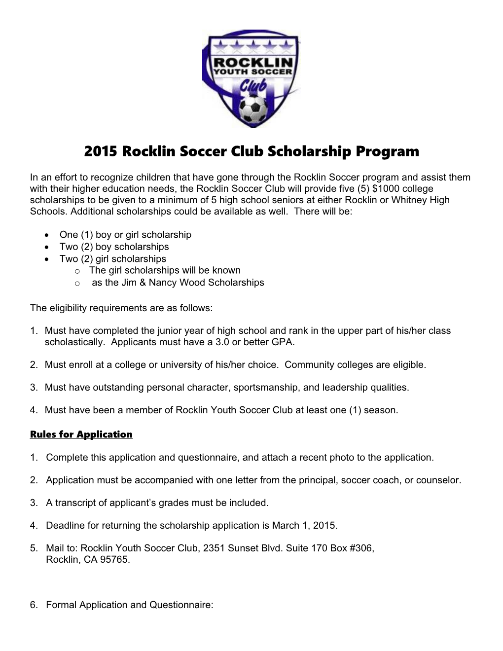Rocklin Soccer Club Scholarship Program