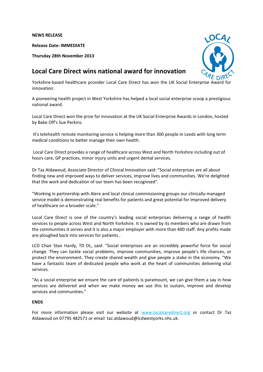 Local Care Direct Wins National Award for Innovation
