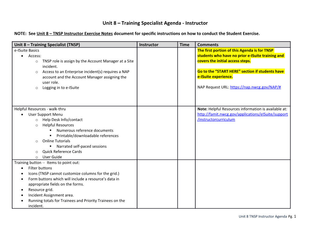 Unit 8 Training Specialist Agenda - Instructor