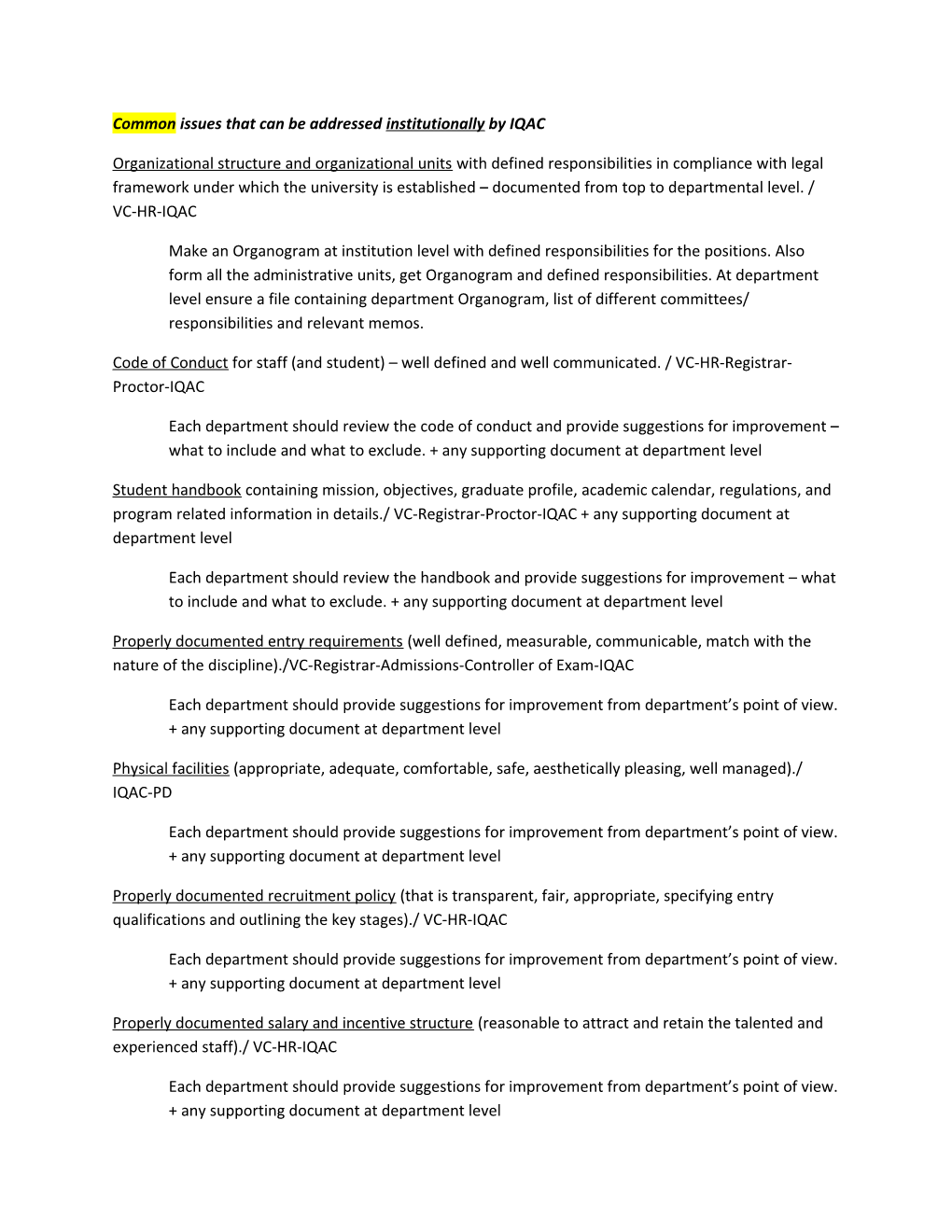 Common Issues That Can Be Addressed Institutionally by IQAC