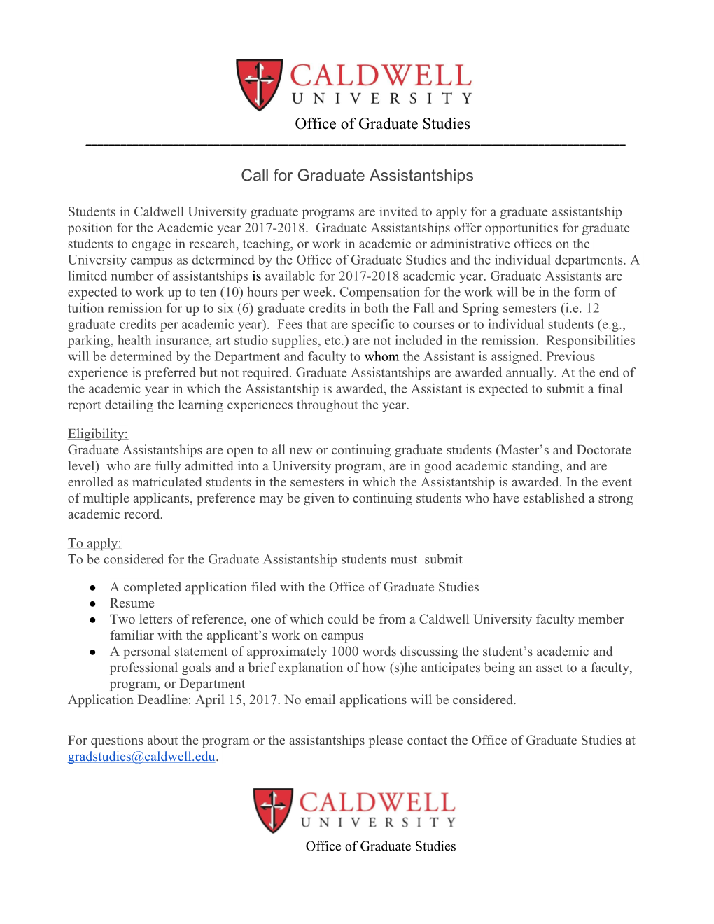 Call for Graduate Assistantships
