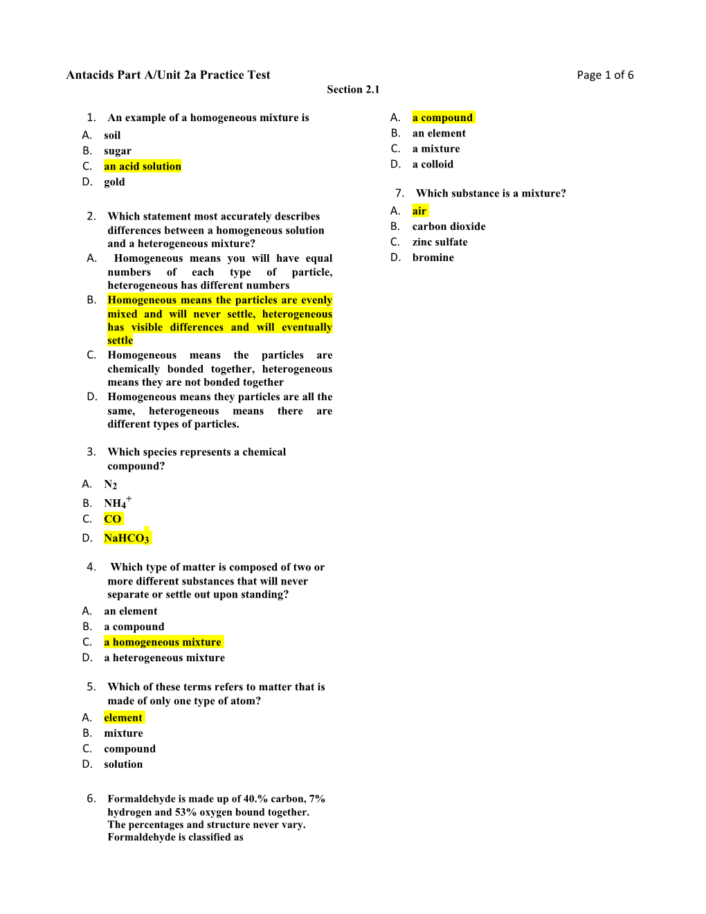 Antacids Part A/Unit 2A Practice Testpage 1 of 4