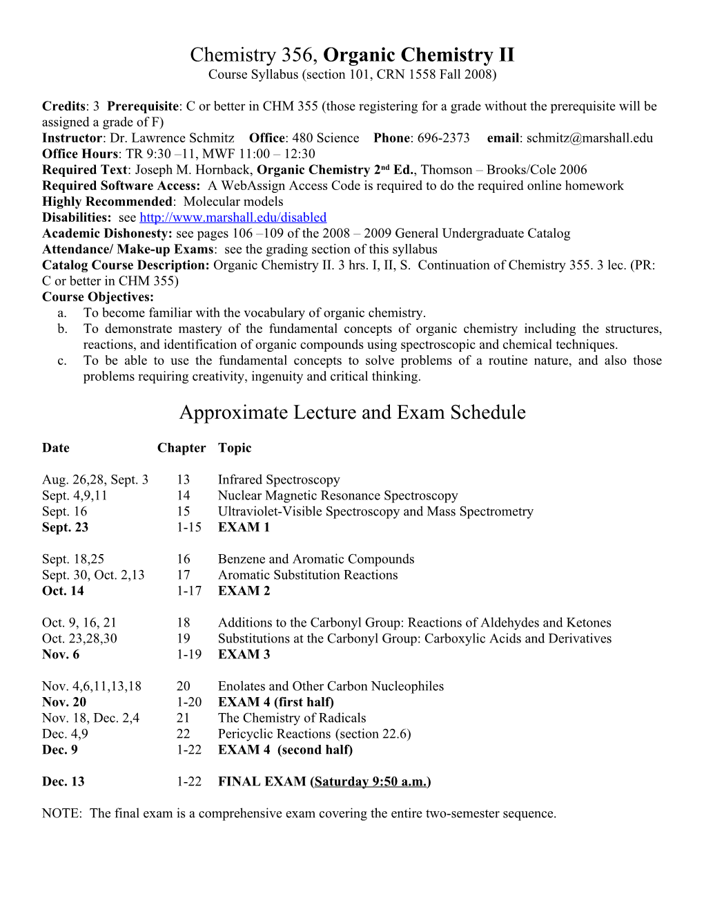 Chemistry 356, Organic Chemistry II