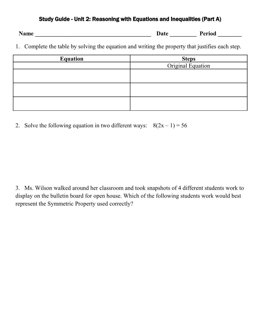 Study Guide - Unit 2: Reasoning with Equations and Inequalities (Part A)