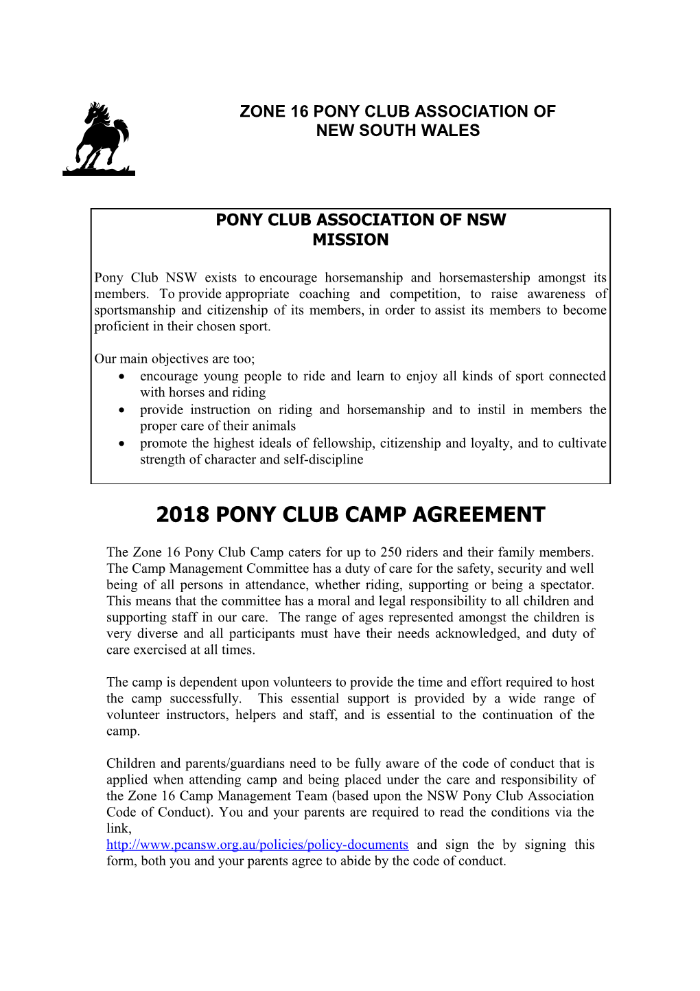 2018Pony Club Camp Agreement
