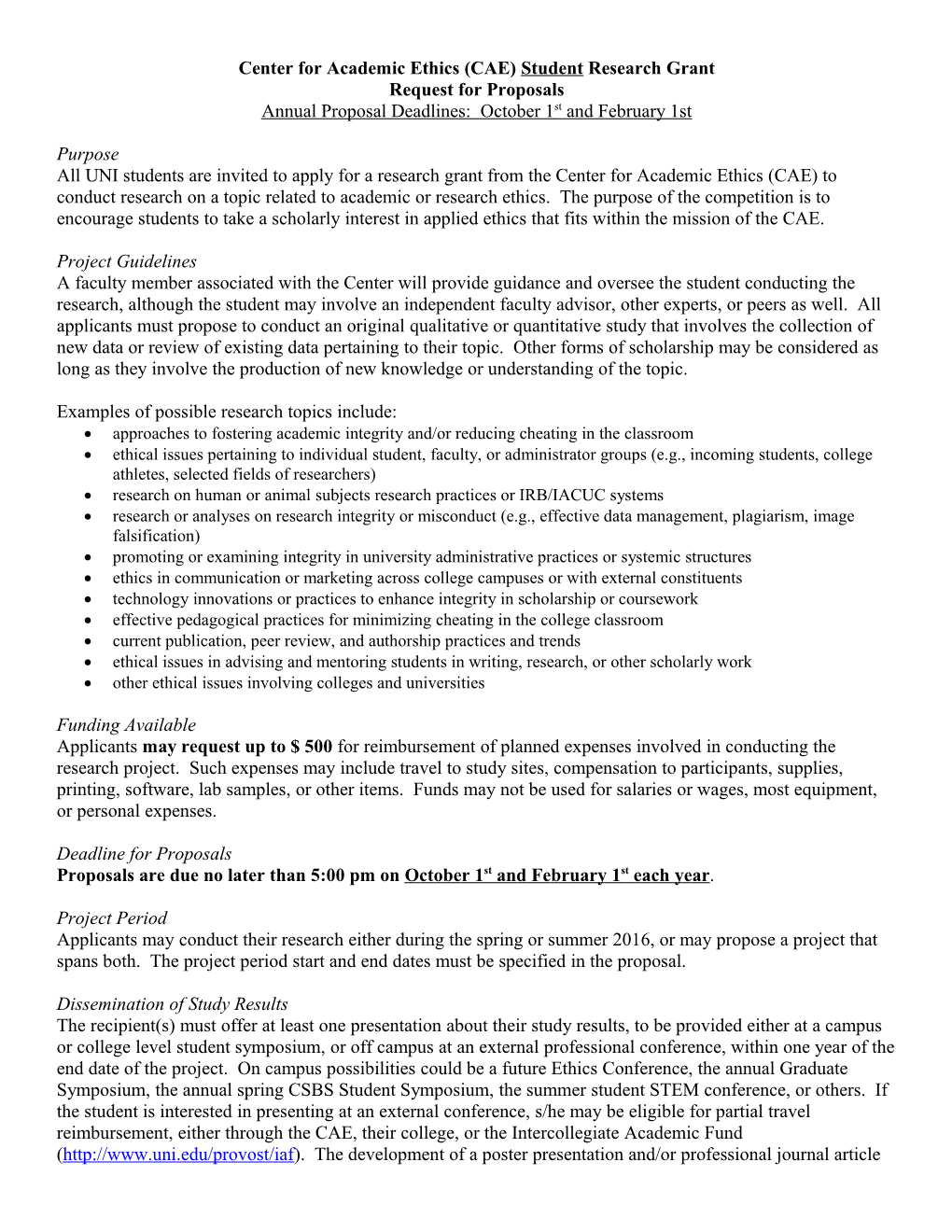 Center for Academic Ethics (CAE) Studentresearch Grant