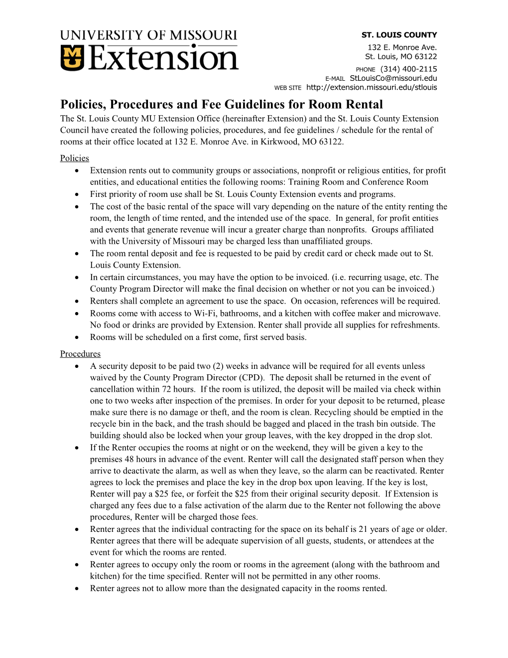 Policies, Procedures and Fee Guidelines for Room Rental