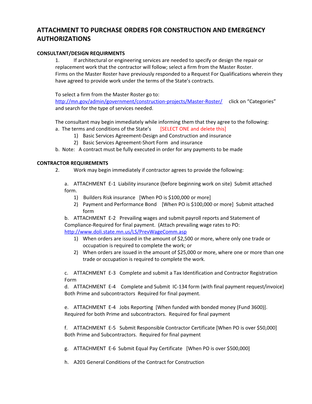 Attachment to Purchase Orders for Construction and Emergency Authorizations