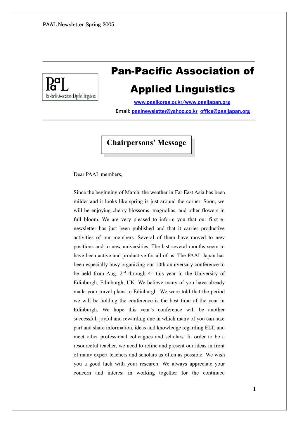 PAAL Newsletter Spring 2005