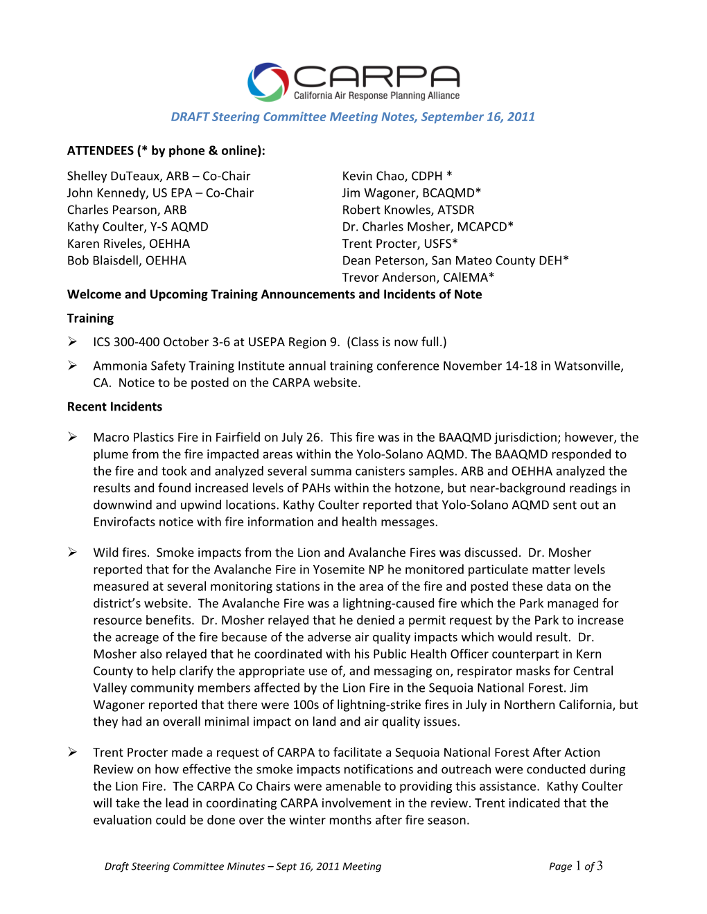 DRAFT Steering Committee Meeting Notes,September 16, 2011