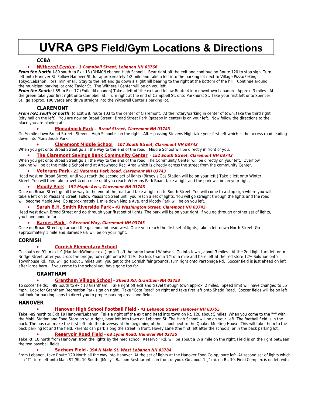 UVRAGPS Field/Gym Locations & Directions