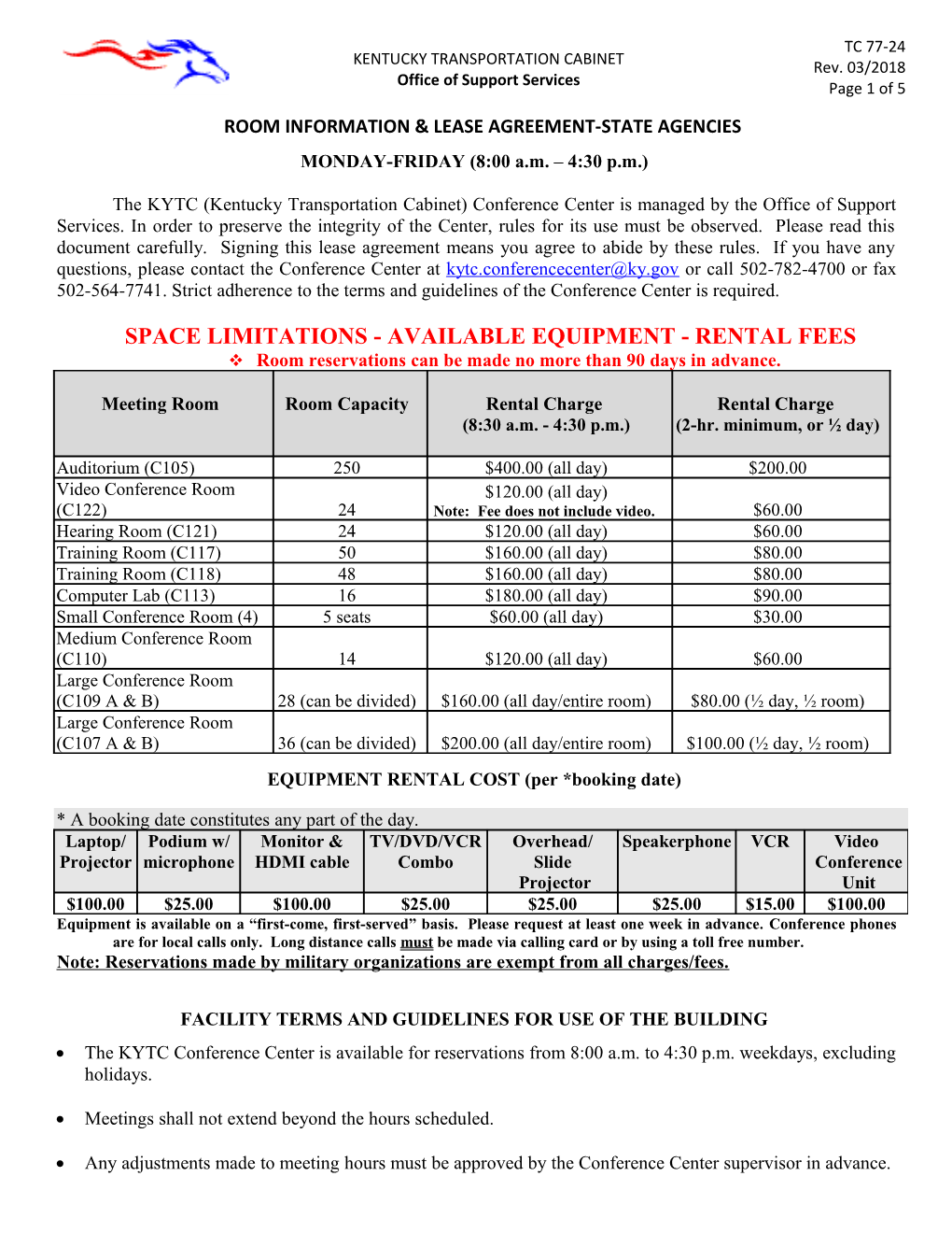 Room Information and Lease Agreement - State Agencies