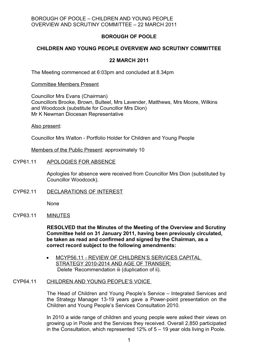 Minutes - Children and Young People Overview and Scrutiny Committee - 22 March 2011