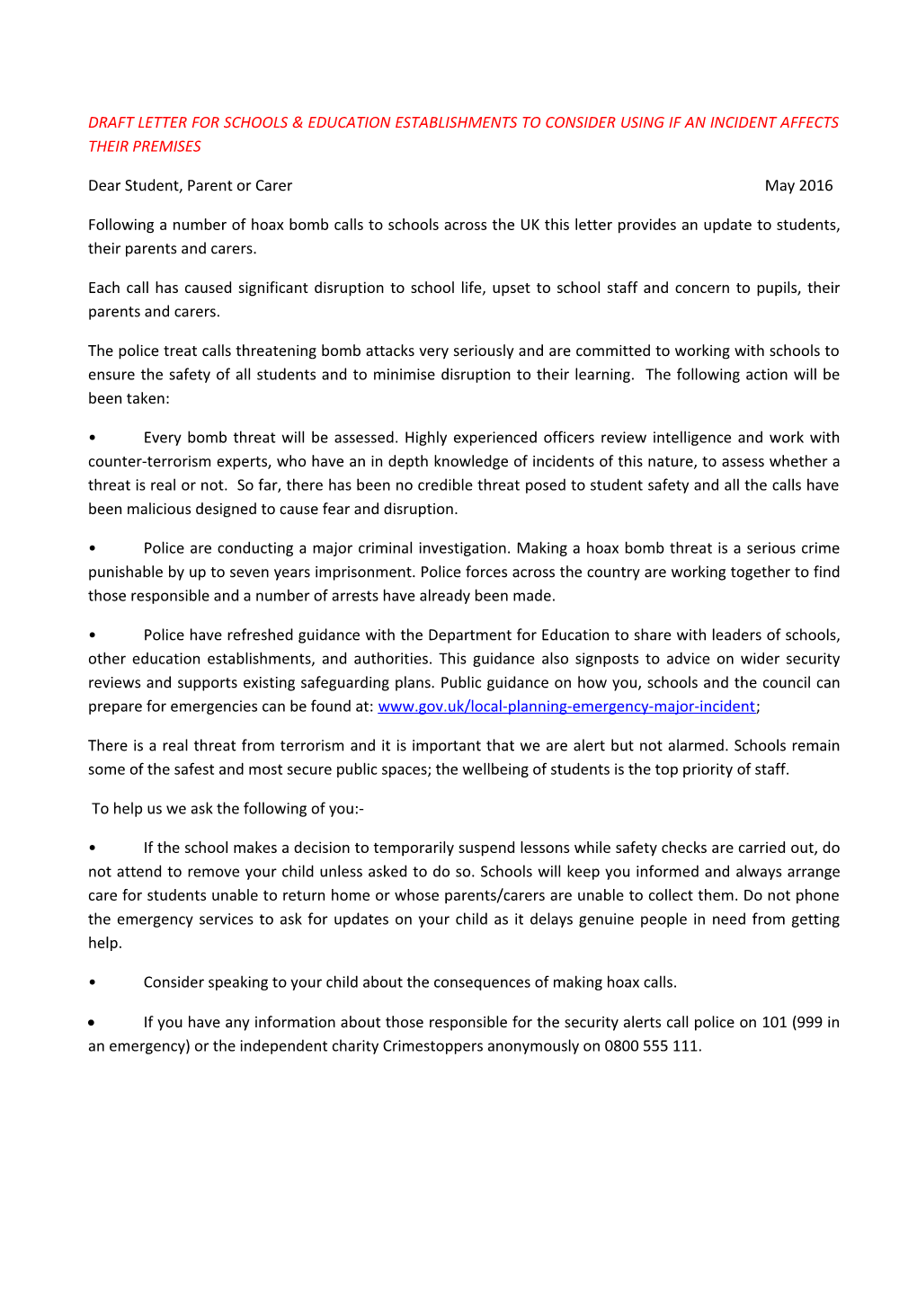 Draft Letter for Schools & Education Establishments to Consider Using If an Incident Affects