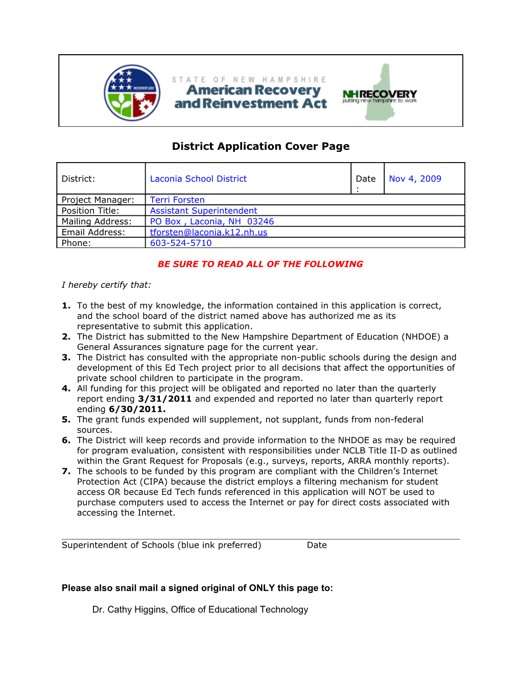 District Application Cover Page