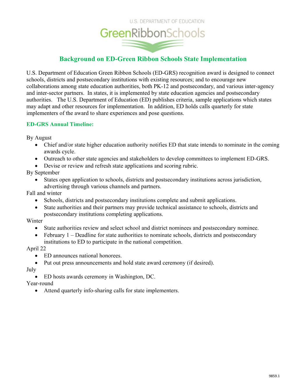 Background on ED-Green Ribbon Schools State Implementation (MS Word)