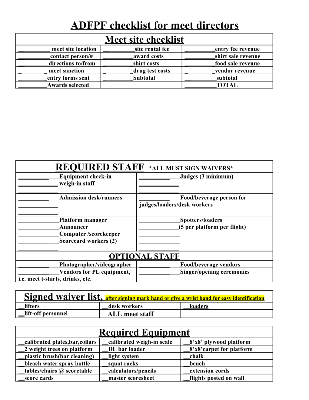 ADFPF Checklist for Meet Directors