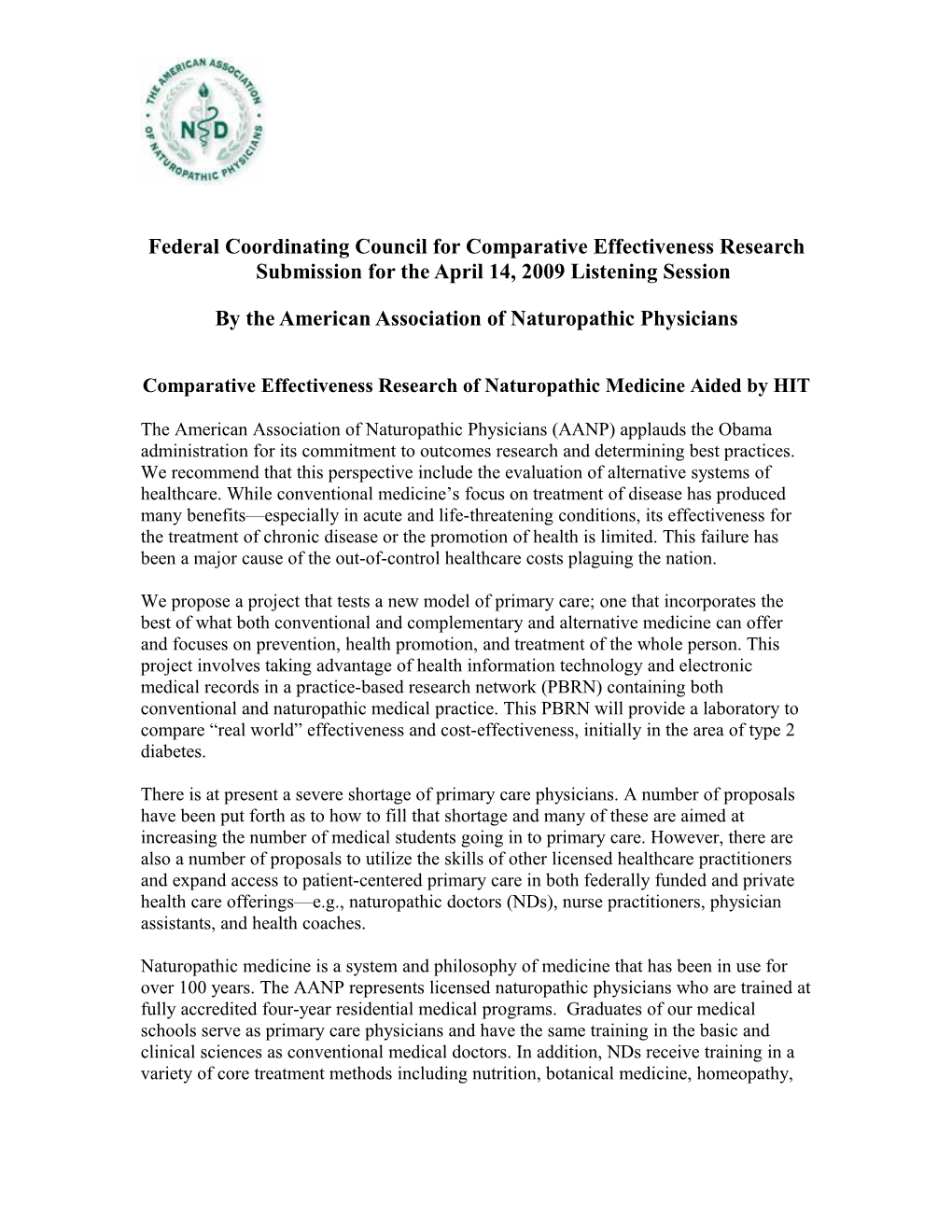 Submission to the Federal Coordinating Council for Comparative Effectiveness Research For