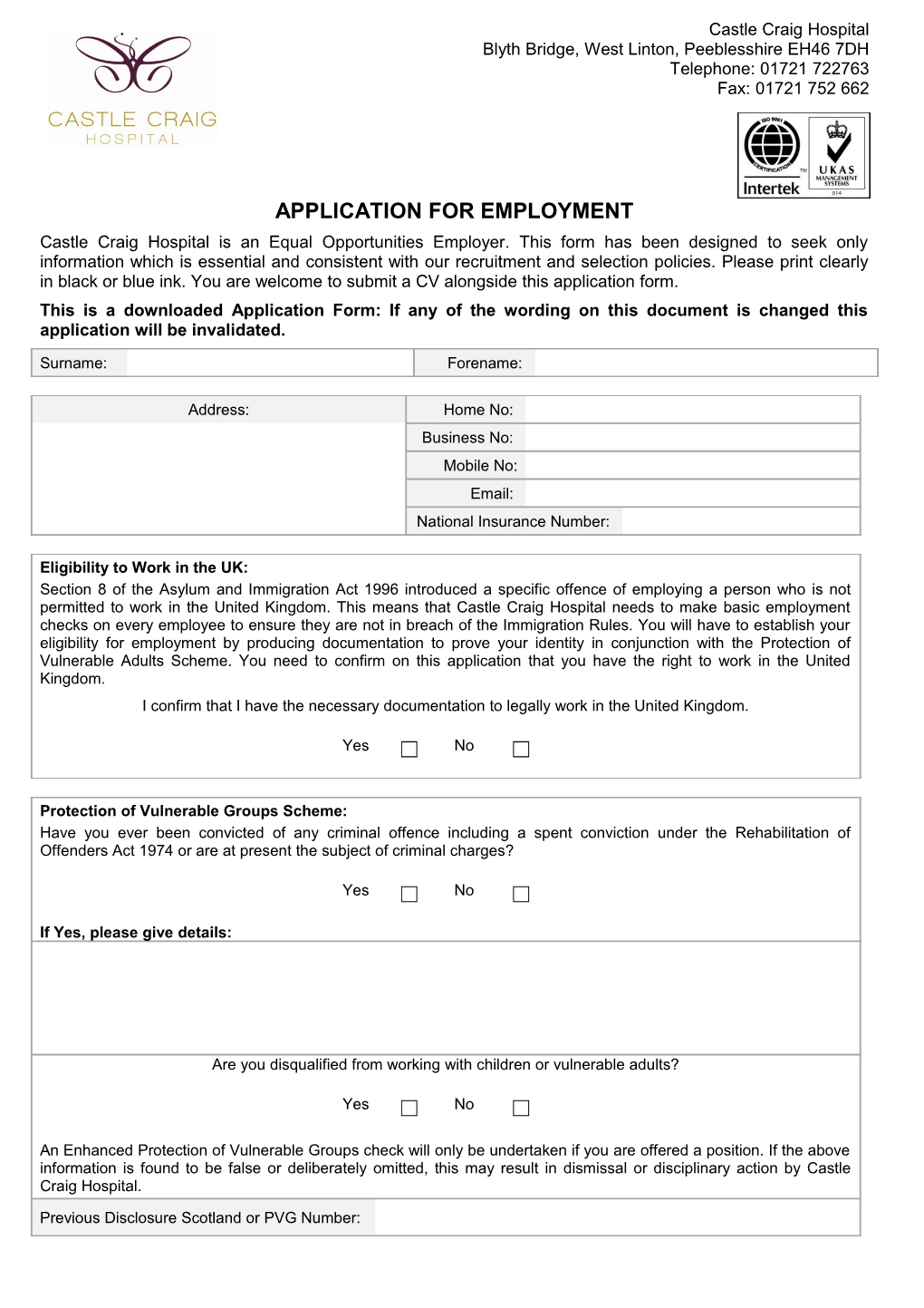 Castle Craig Application Form