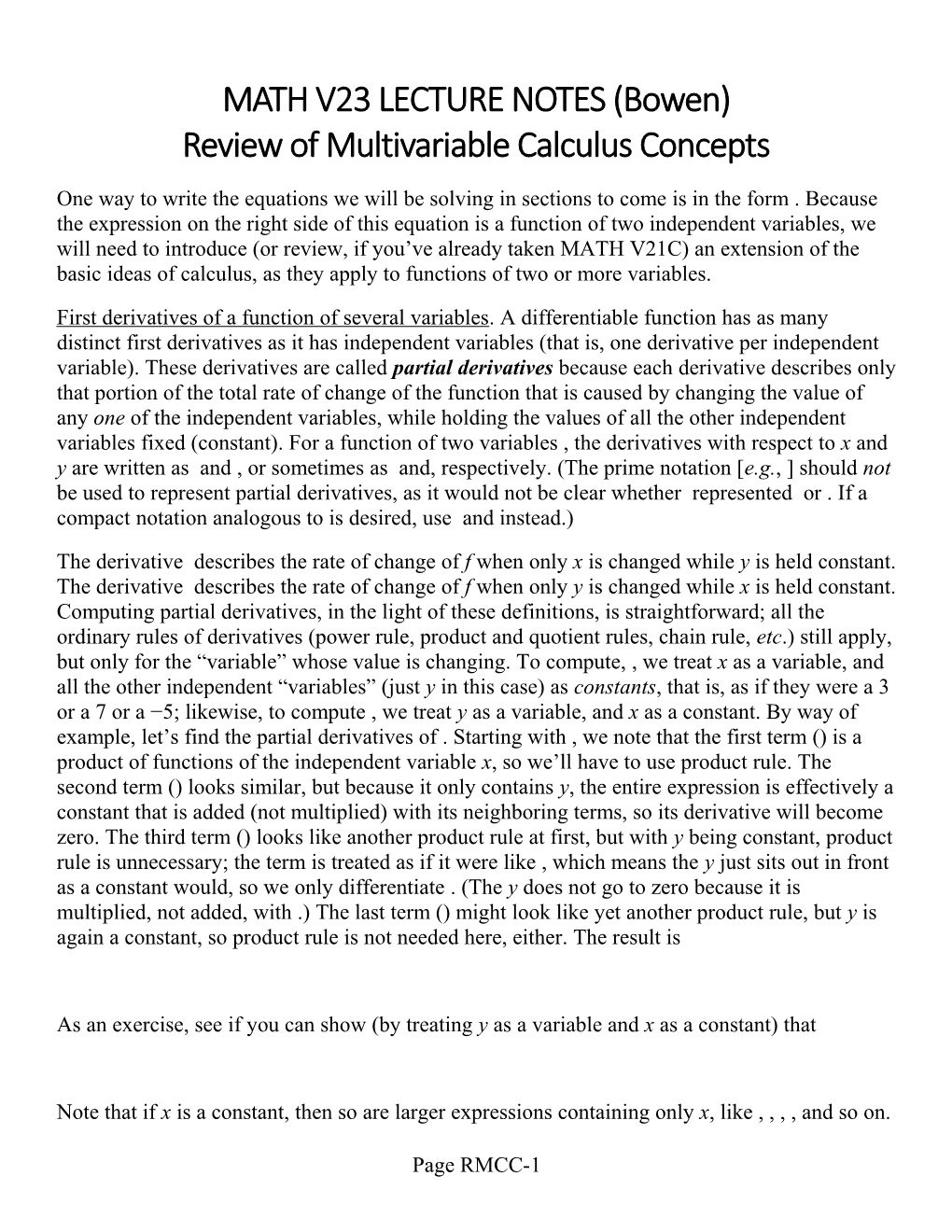 MATH V23 LECTURE NOTES (Bowen) Review of Multivariable Calculus Concepts