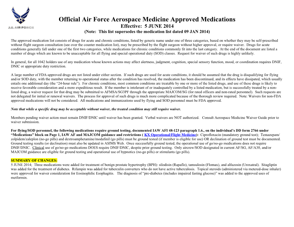 5 June 2014 Official Air Force Aerospace Medicine Approved Medications