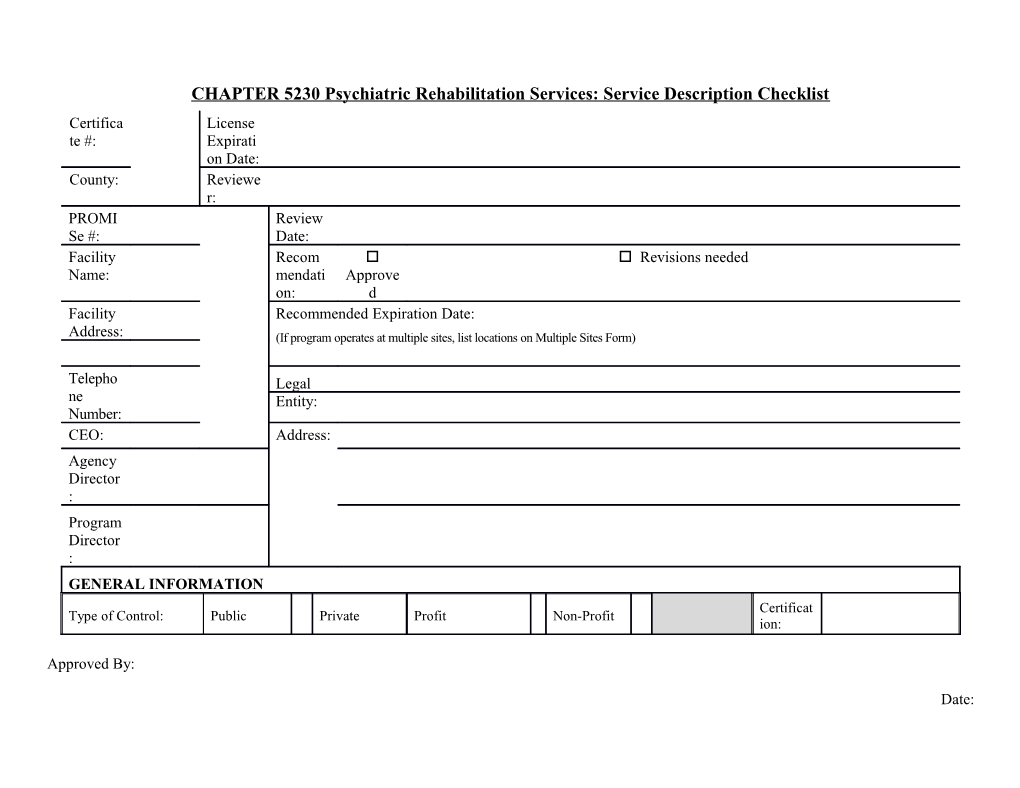 CHAPTER 5230 Psychiatric Rehabilitation Services: Service Description Checklist