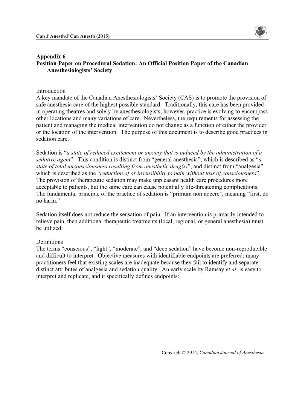 Position Paper on Procedural Sedation: an Official Position Paper of the Canadian