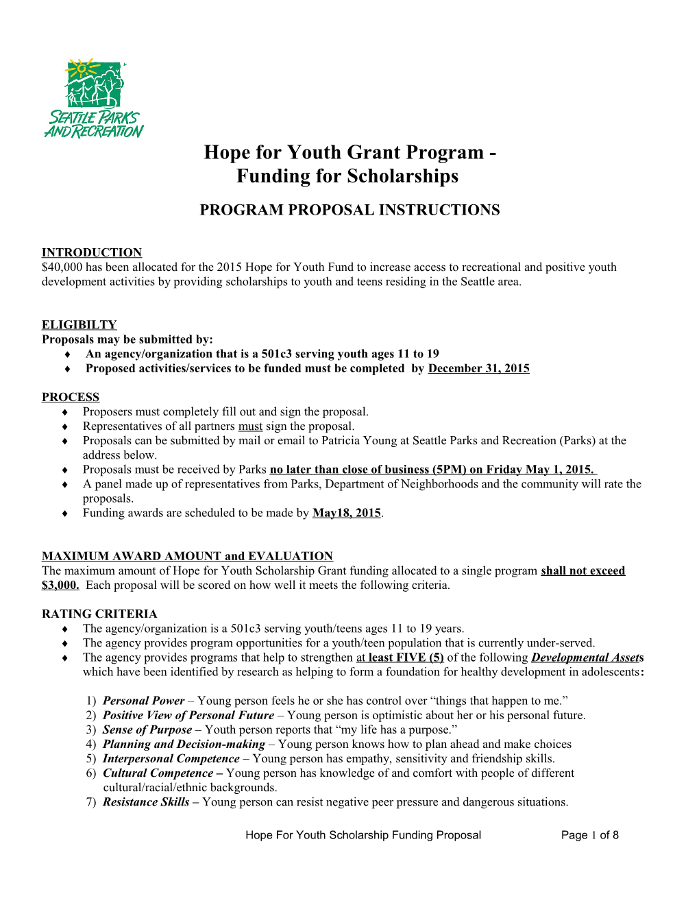 Hope for Youth Scholarship Support Proposal