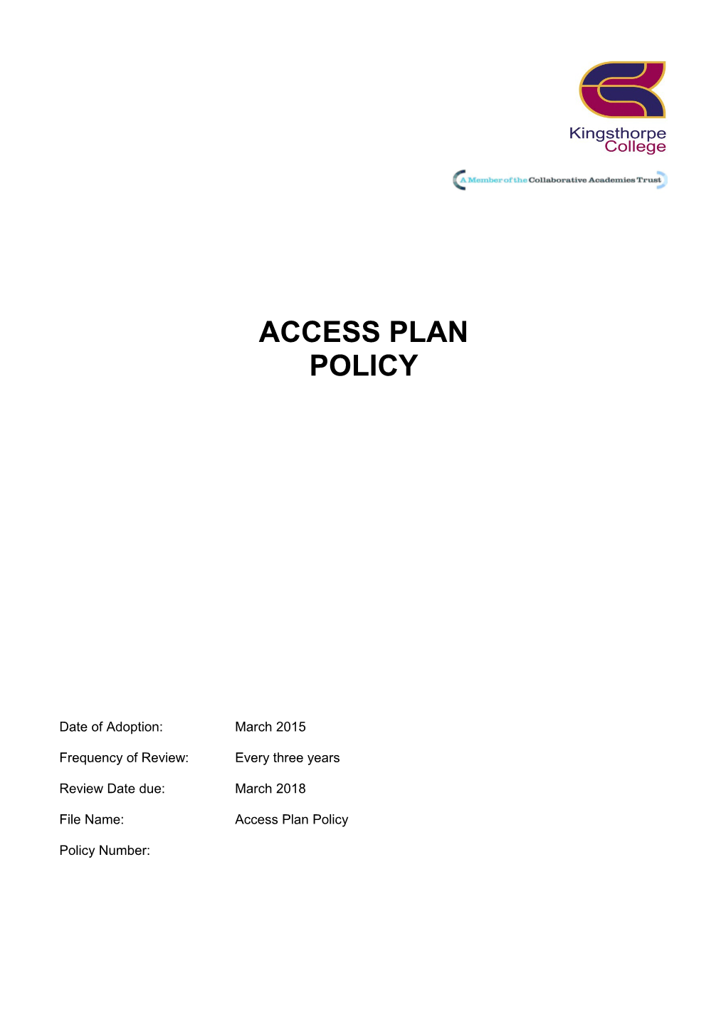 Kingsthorpecollege -Access Plan Policy