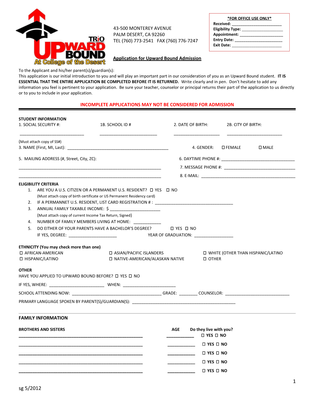 Application for Upward Bound Admission
