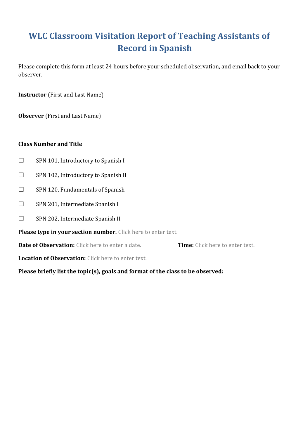 WLC Classroom Visitation Report of Teaching Assistants of Record in Spanish