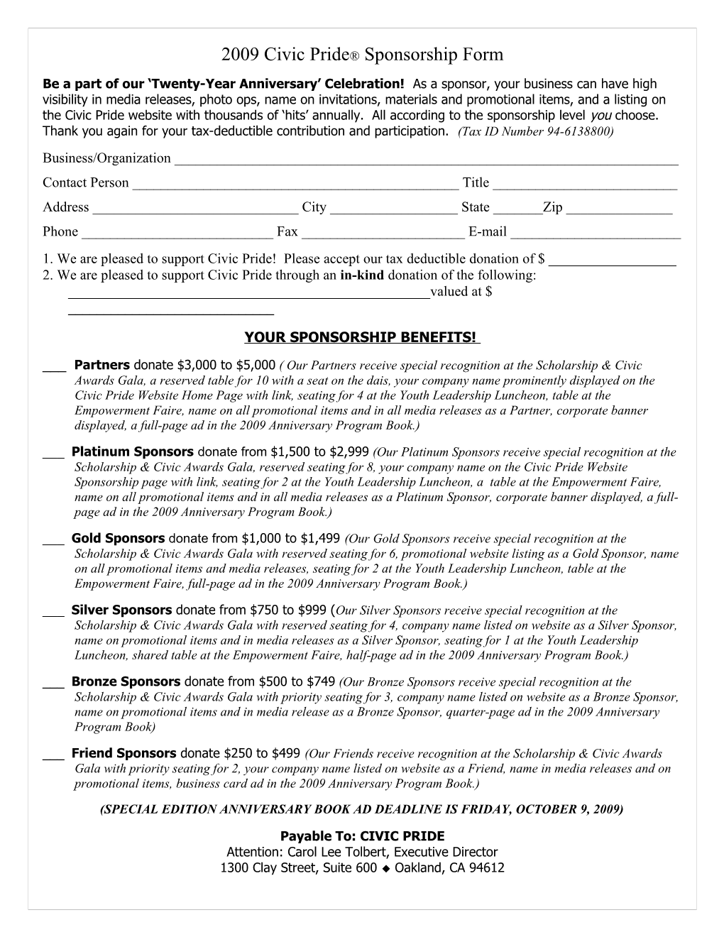 2001 Civic Pride Sponsorship Form