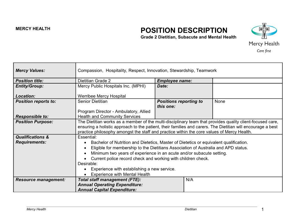 Grade 2 Dietitian, Subacuteand Mental Health