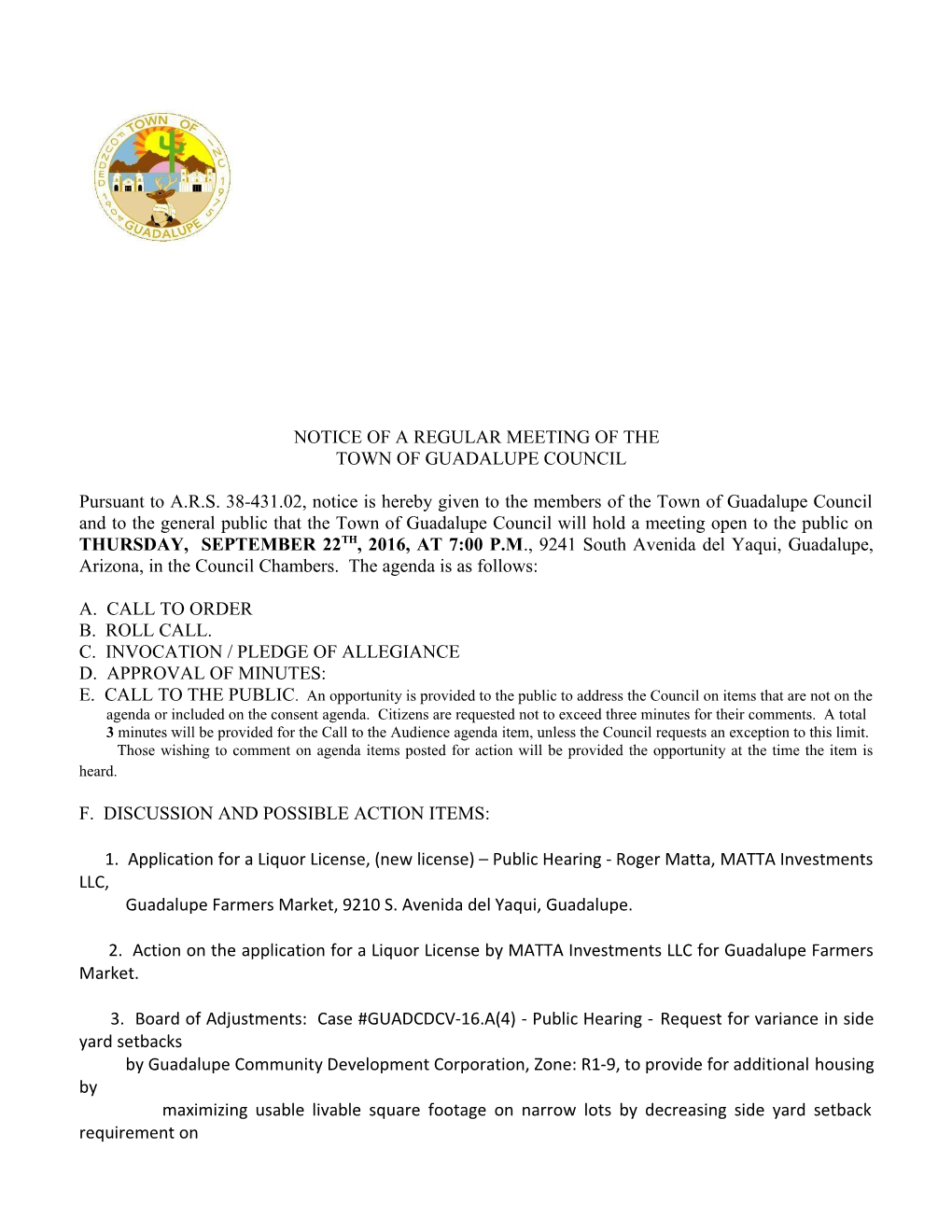 Notice of a Regular Meeting of The