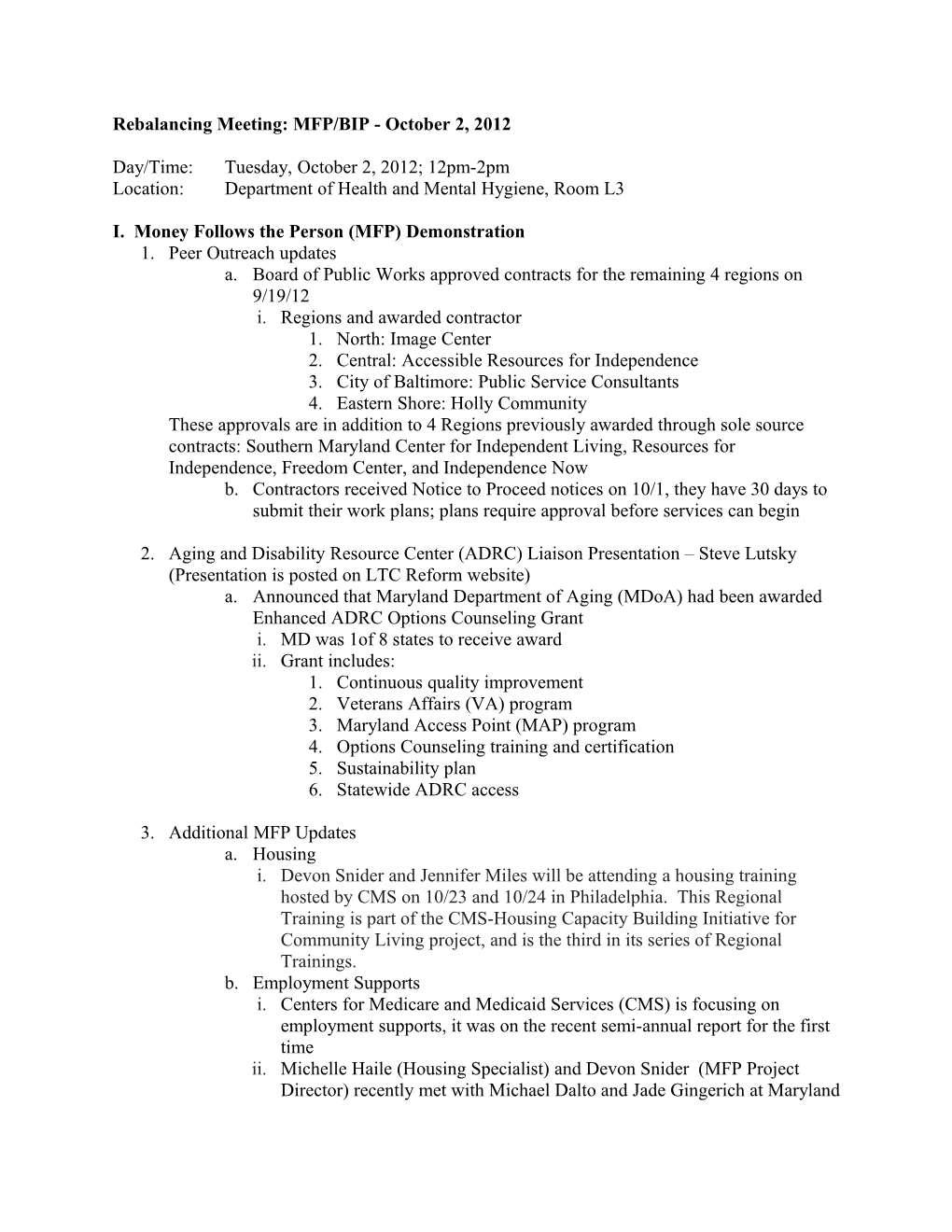October 2012 MFP-BIP Meeting Minutes
