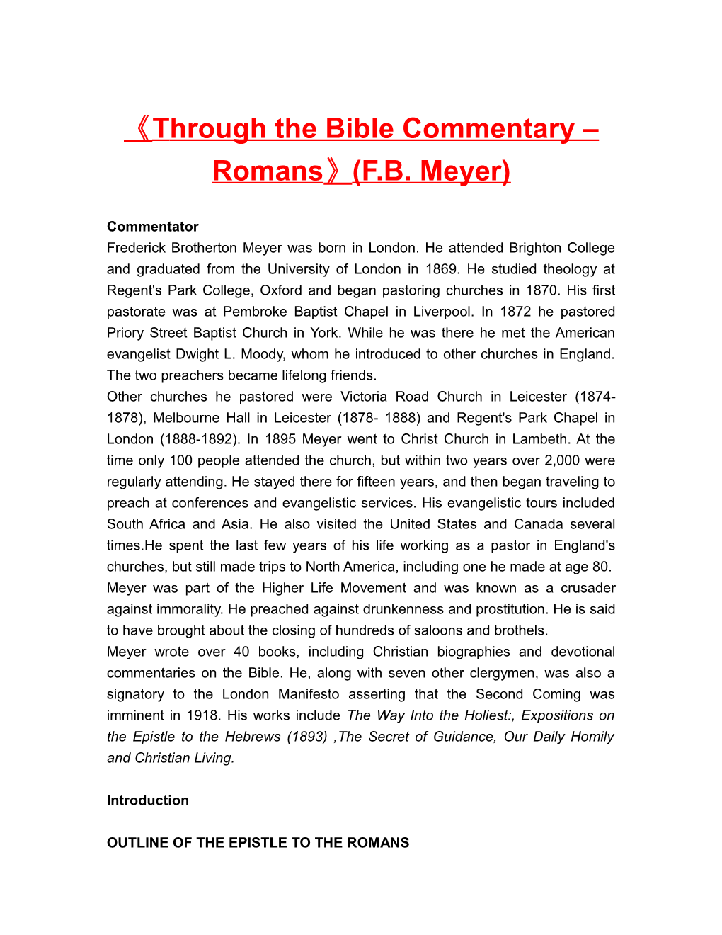 Through the Bible Commentary Romans (F.B. Meyer)