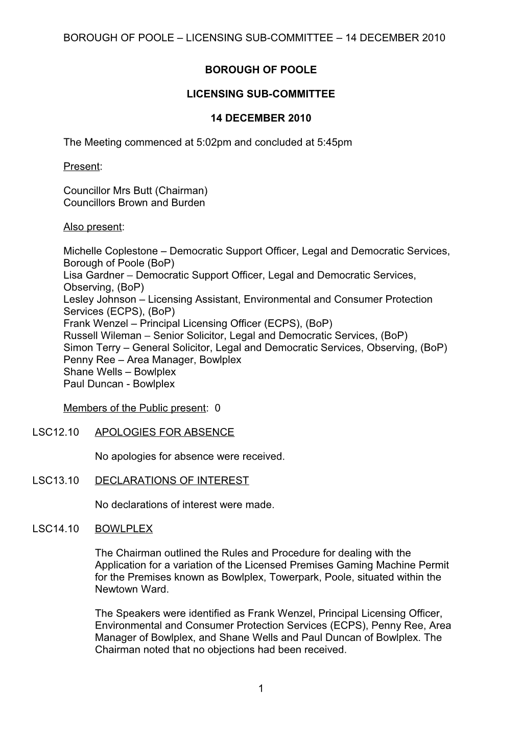 Minutes - Licensing Sub-Committee - 14 December 2010