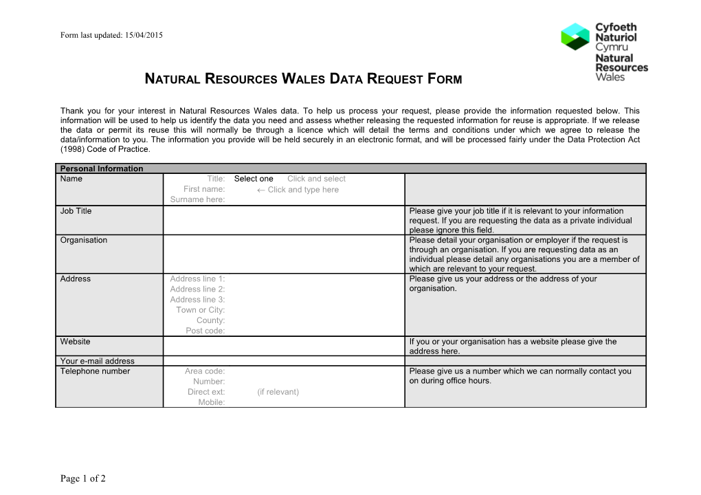 Natural Resources Walesdata Request Form